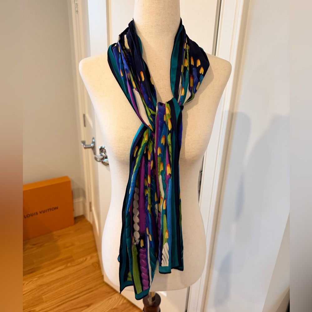 Perry Ellis Teal, Navy & Purple Patterned Silk Scarf